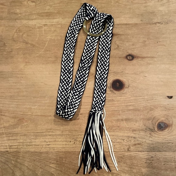 Blue & White Braided Fringe Gold Hardware Buckle belt Western Boho Casual OS - Picture 1 of 6